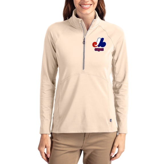 Women's Cutter & Buck Tan Montreal Expos Cooperstown Collection Adapt Eco Knit Stretch Half-Zip Pullover