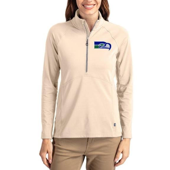 Women's Cutter & Buck Tan Seattle Seahawks Throwback Adapt Eco Knit Stretch Recycled Raglan Half-Zip Pullover