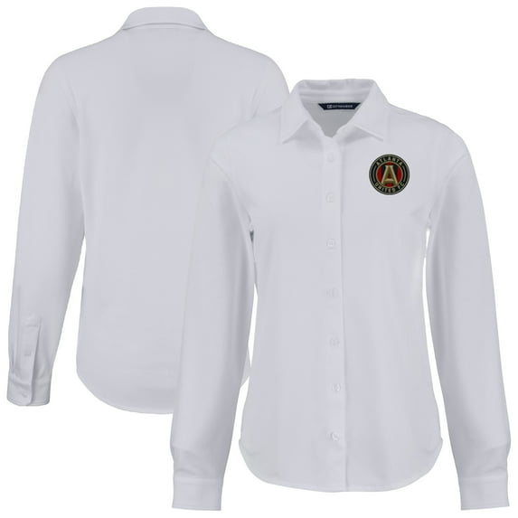 Women's-Cutter & Buck White Atlanta United FC Advantage Tri-Blend Eco Soft Pique Long-Sleeve Knitted Button-Up Top