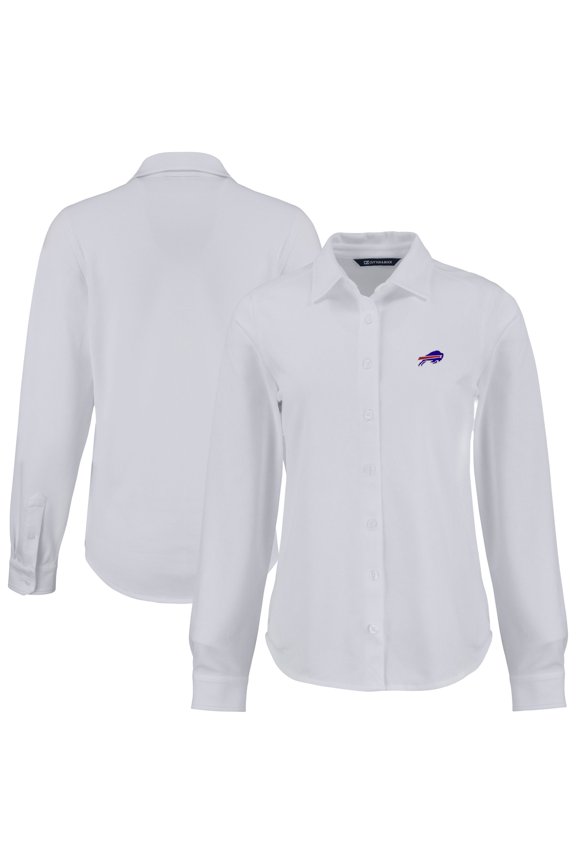 Women's Cutter & Buck White Buffalo Bills  Advantage Eco Soft Pique Tri-Blend Long Sleeve Button-Up Shirt