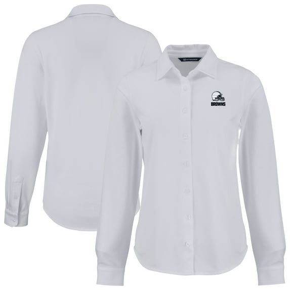 Women's Cutter & Buck White Cleveland Browns Advantage Tri-Blend Eco Soft Pique Long Sleeve Button Down Shirt