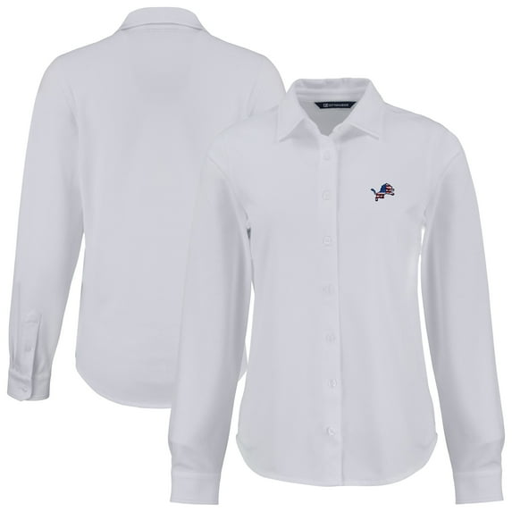 Women's Cutter & Buck White Detroit Lions Americana Advantage Eco Soft Pique Tri-Blend Long Sleeve Button-Up Shirt