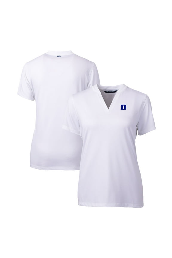 Women's Cutter & Buck  White Duke Blue Devils Forge Stretch Blade Collar V-Neck Top