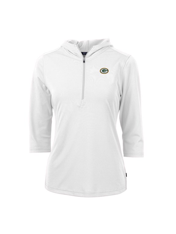 Women's Cutter & Buck White Green Bay Packers Virtue Eco Pique Half-Zip 3/4 Sleeve Pullover Hoodie