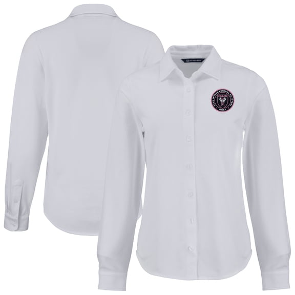 Women's-Cutter & Buck White Inter Miami CF Advantage Tri-Blend Eco Soft Pique Long-Sleeve Knitted Button-Up Top