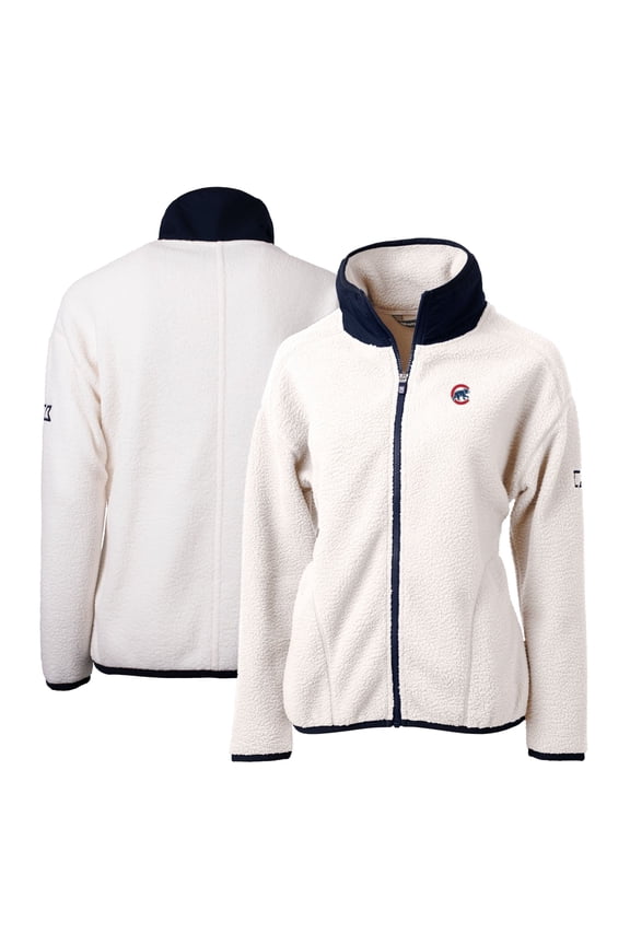 Women's Cutter & Buck White/Navy Chicago Cubs Cascade Eco Sherpa Fleece Full-Zip Jacket