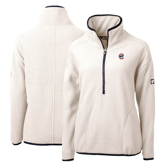 Women's Cutter & Buck White/Navy Chicago Cubs Cascade Eco Sherpa Fleece Quarter-Zip Pullover Jacket