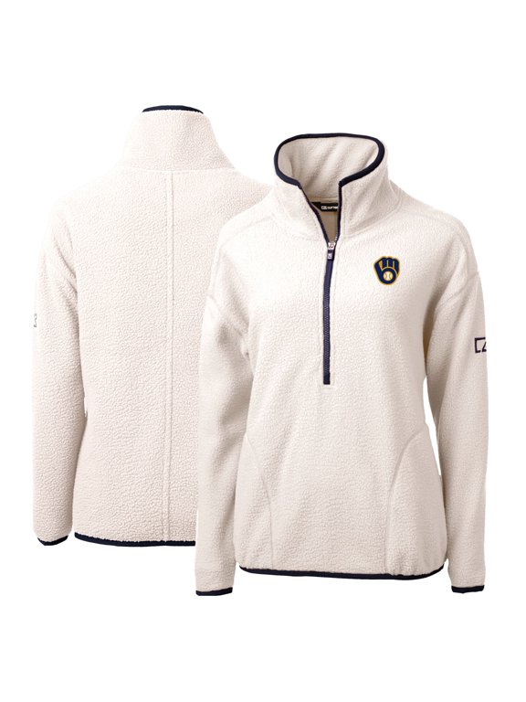 Women's Cutter & Buck White/Navy Milwaukee Brewers Cascade Eco Sherpa Fleece Quarter-Zip Pullover Jacket