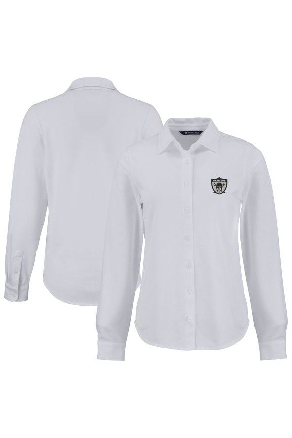 Women's Cutter & Buck White Oakland Raiders Gridiron Classics Advantage Eco Soft Pique Tri-Blend Long Sleeve Button-Up