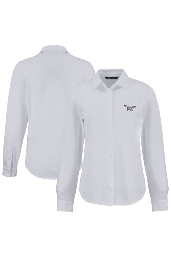 Women's Cutter & Buck White Philadelphia Eagles Advantage Eco Soft Pique Tri-Blend Long Sleeve Button-Up Shirt