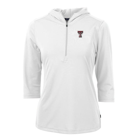 Women's Cutter & Buck White Texas Tech Red Raiders Virtue Eco Pique Half-Zip 3/4 Sleeve Pullover Hoodie