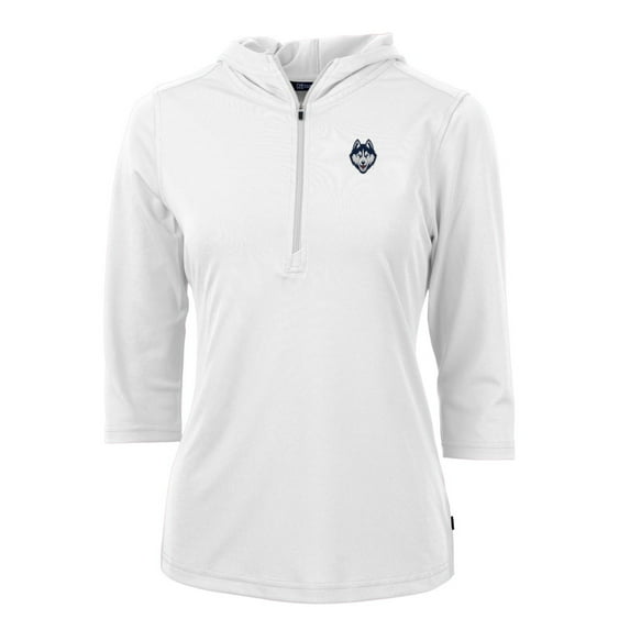 Women's Cutter & Buck White UConn Huskies Logo Virtue Eco Pique Half-Zip 3/4 Sleeve Pullover Hoodie