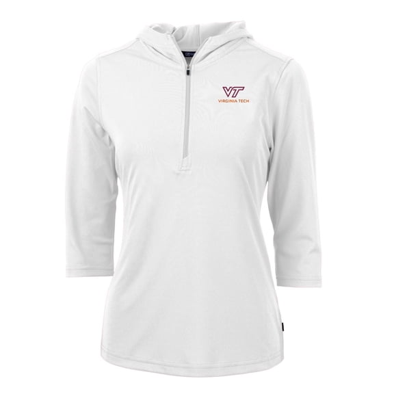Women's Cutter & Buck White Virginia Tech Hokies Virtue Eco Pique Half-Zip 3/4 Sleeve Pullover Hoodie