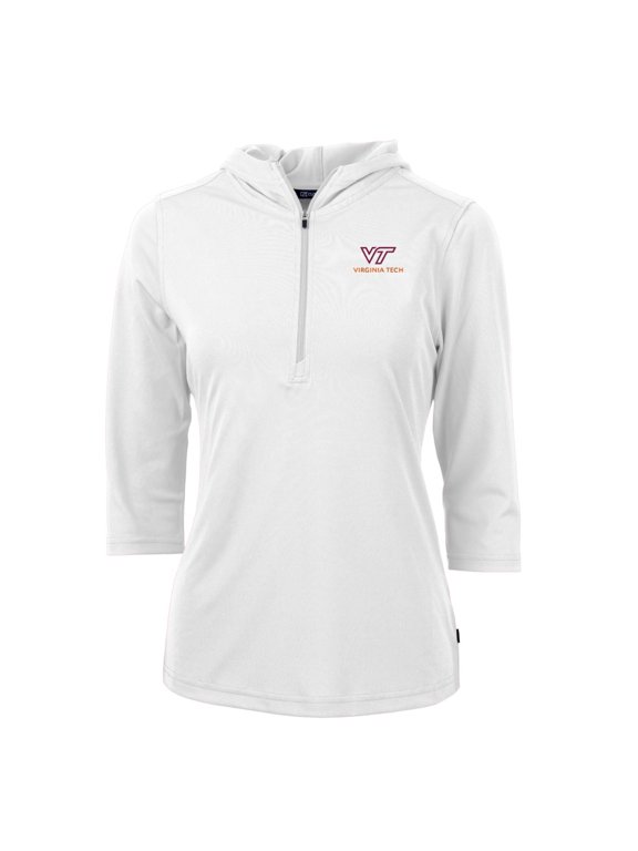 Women's Cutter & Buck White Virginia Tech Hokies Virtue Eco Pique Half-Zip 3/4 Sleeve Pullover Hoodie