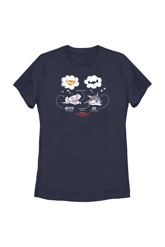 Women's DC League of Super-Pets Cartoon Krypto and Ace Dreams Graphic Tee Navy Blue Medium