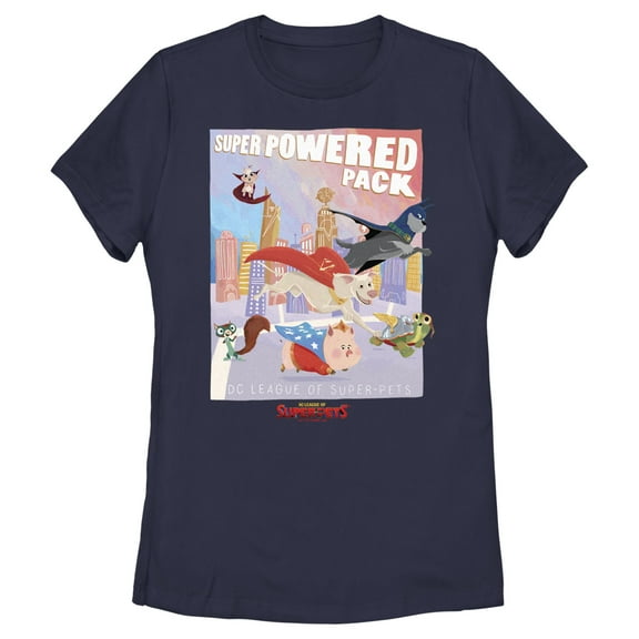 Women's DC League of Super-Pets Powered Pack Poster  Graphic Tee Navy Blue Small