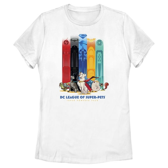 Women's DC League of Super-Pets Super Powered Pack Towers  Graphic Tee White 2X Large