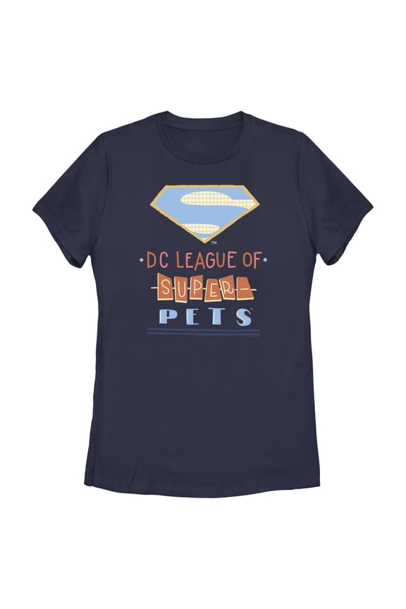 Women's DC League of Super-Pets Superman Dot Logo Cutouts Graphic Tee Navy Blue Small