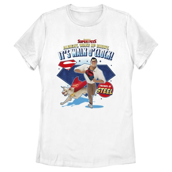 Women's DC League of Super-Pets Superman and Krypto Walk O'Clock Graphic Tee White Small