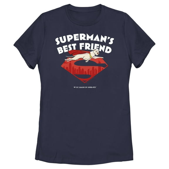 Women's DC League of Super-Pets Superman's Best Friend Flying Krypto Graphic Tee Navy Blue Small