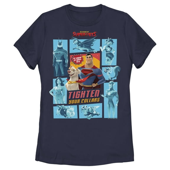 Women's DC League of Super-Pets Tighten Your Collars Panels Graphic Tee Navy Blue Medium