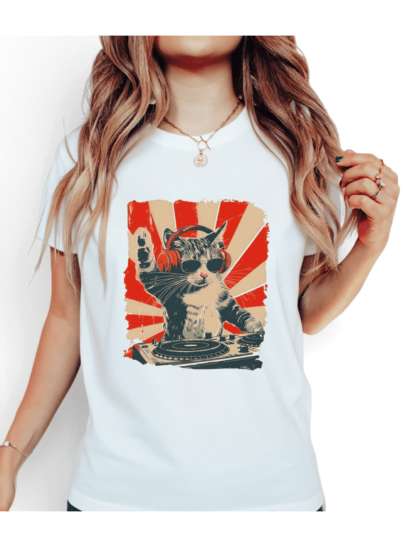 Women's DJ Cat Retro Graphic Breathable T Shirt Casual Comfortable Short Sleeve Round Neck Top White S-5XL