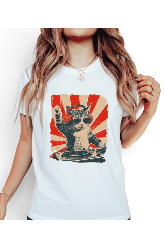 Women's DJ Cat Retro Graphic Breathable T Shirt Casual Comfortable Short Sleeve Round Neck Top White S-5XL