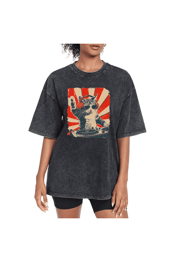 Women's DJ Cat Retro Graphic Breathable Washed T Shirt Casual Comfortable Black S-2XL Plus Size