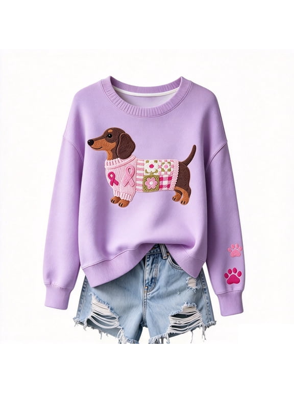 Women's Dachshund Sweater, Pink Ribbon Knit Pullover, Round Neck Long Sleeve, S-XXXL