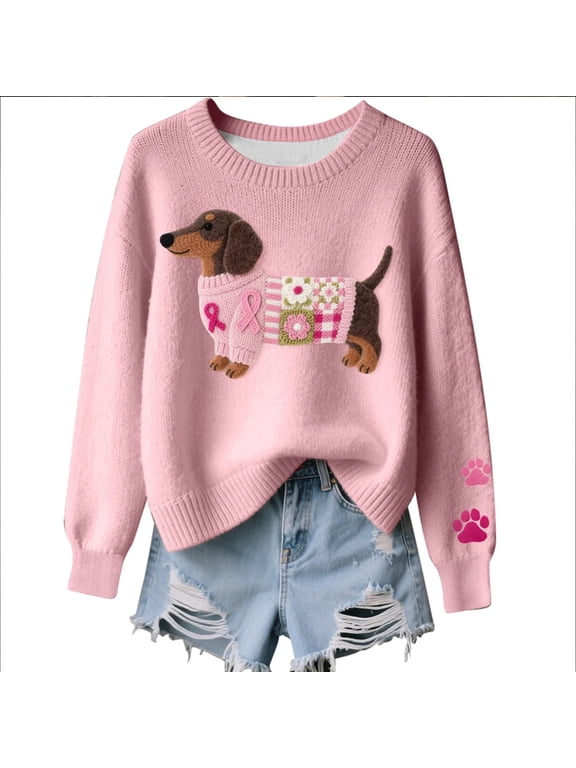 Women's Dachshund Sweater, Pink Ribbon Knit Pullover, Round Neck Long Sleeve, S-XXXL