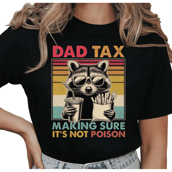 Women's "Dad Tax" Raccoon Graphic Comfortable T Shirt Funny Dad Joke Retro Vintage Short Sleeve Round Neck Top Black S-5XL