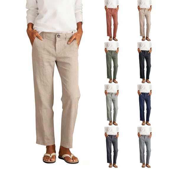 Women's Daily Elastic Waist Straight Leg Pants with Pockets Solid Color Loose Trousers