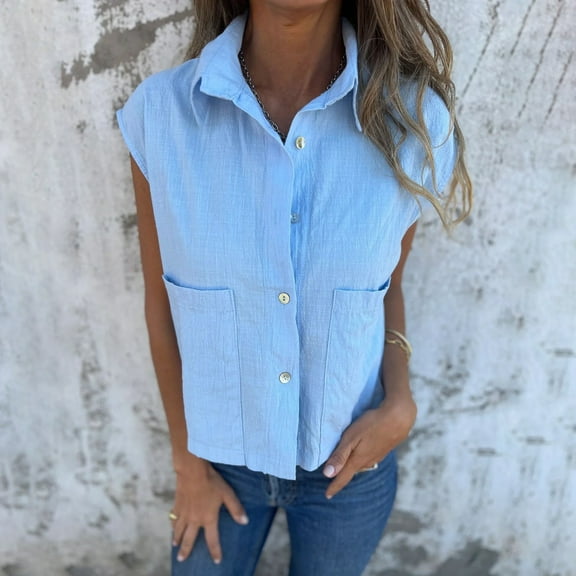 Women's Daily Solid Color Casual Summer Loose Short Sleeved Button Pocket Cotton and Linen Shirt