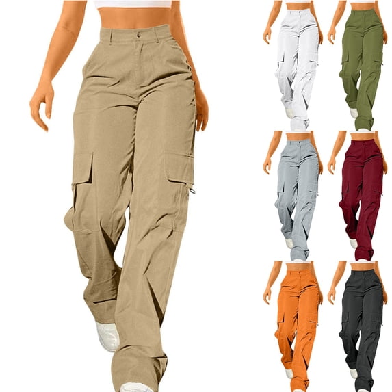 Women's Daily Solid Color Elastic Waist Cargo Pants, Loose Fit Straight Leg Casual Trousers with Multiple Pockets, Full Length Design for Casual Wear, Gym Workouts and Outdoor Activities Coffee L