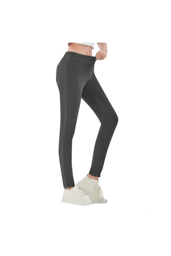 Women's Daily Solid Color Pocket Elastic Imitation Denim High Waist Tight Fit Fitness Leggings Knee Length Leggings for Women Polyester Leggings Girls Work from Home Clothes Women plus Postpartum