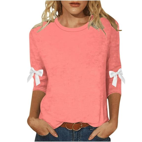Women's Daily Style Top with a Decorative Bow, Round Neck and Flattering 3/4 Sleeves in a Large Loose Fit