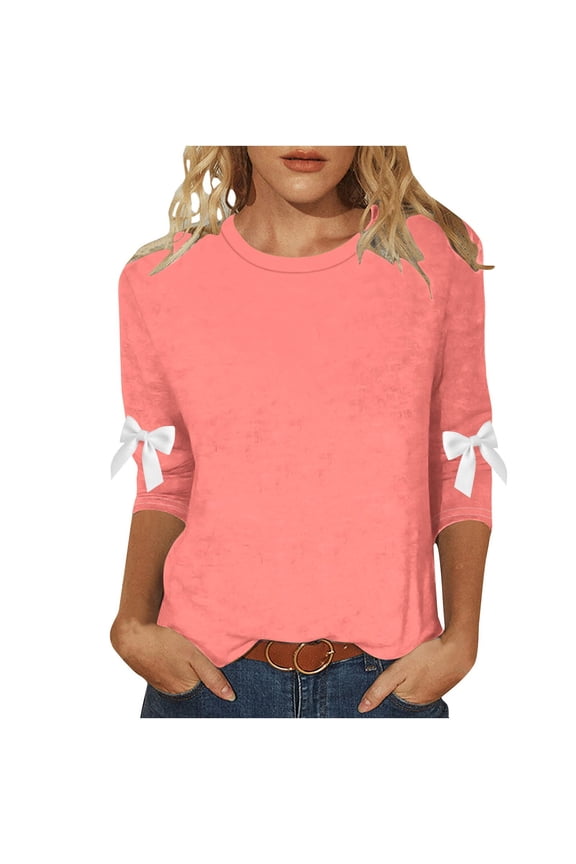 Women's Daily Style Top with a Decorative Bow, Round Neck and Flattering 3/4 Sleeves in a Large Loose Fit