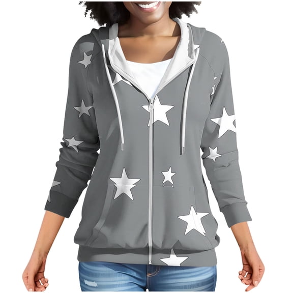 Women's Daily Sweatshirts Fashion Printed Fleece Full Zipper Long Sleeve Hoodies Casual Hooded Drawstring Pocket Sweatshirt Gray M