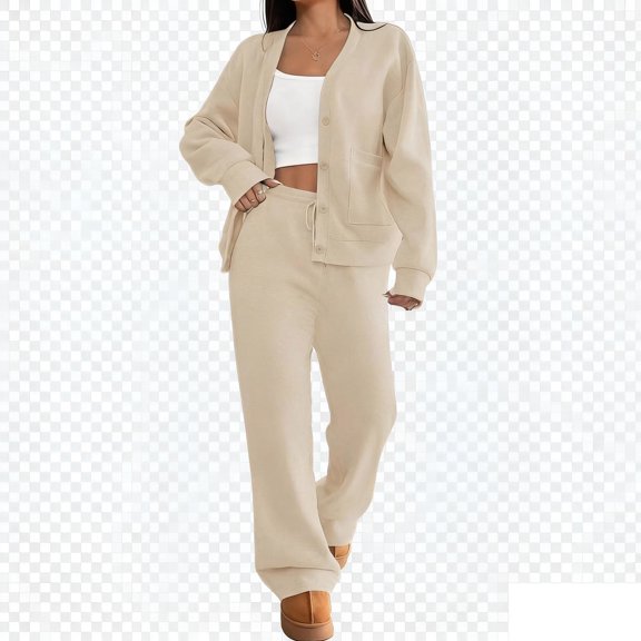 Women's Daily Wear 2PC Casual Set Solid Color Long Sleeve Sweatshirt Pants with Pockets Soft Cozy Breathable Relaxed Fit Machine Washable Versatile for Work Errands Weekend Lounge Beige S