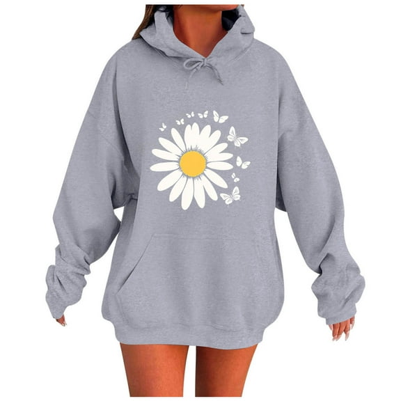 Women's Daisies Printed Hoodies Oversized Long Sleeve Drawstring Hooded Sweatshirts Casual Fashion Sweater Tops with Pockets (2XL, Gray)