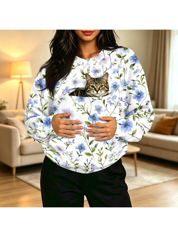 Women's Daisy Butterfly Print Crewneck Sweatshirt Cat Pet Pocket Long Sleeve Casual Pullover