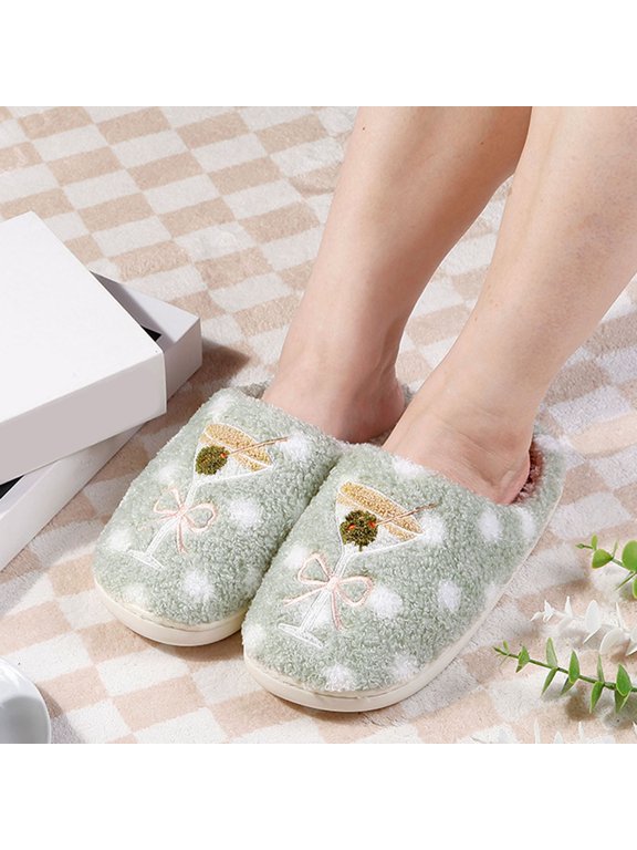 Women's Daisy Dots Slippers, Closed Toe House Shoes, Daisy Embroidery Over a Polka Dot Upper, Slip On Casual Footwear