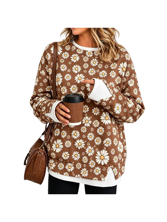 Women's Daisy Floral Print Crew Neck Sweatshirt, Long Sleeve Pullover with Contrast Trim and Side Slits
