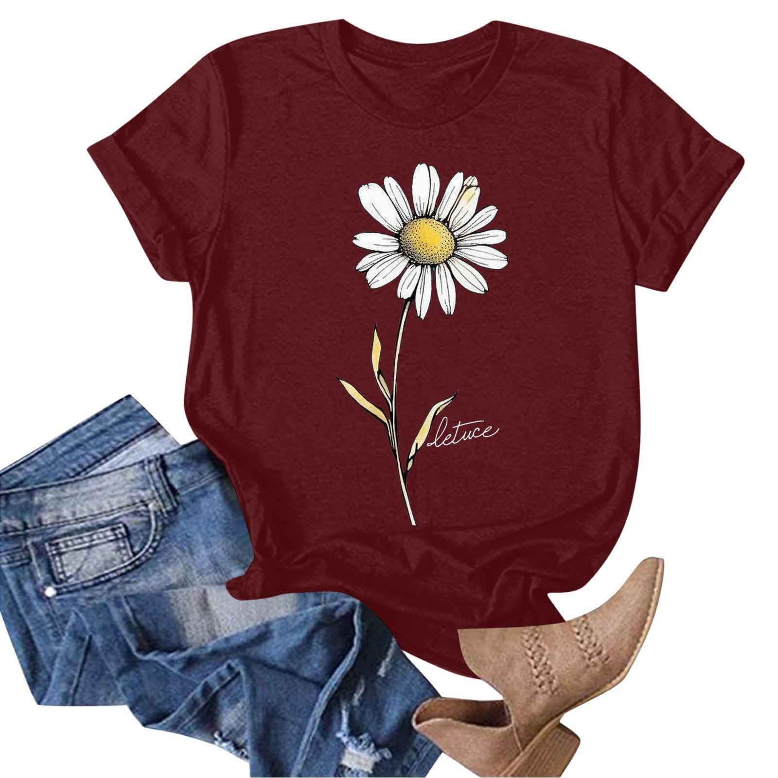 Women's Daisy Floral Tops Crewneck Short Sleeve Casual Summer