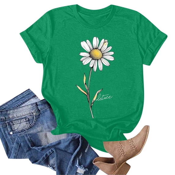 Women's Daisy Floral Tops Crewneck Short Sleeve Casual Summer T Shirts Flower Print Loose Fit Tees (M, Green 1)