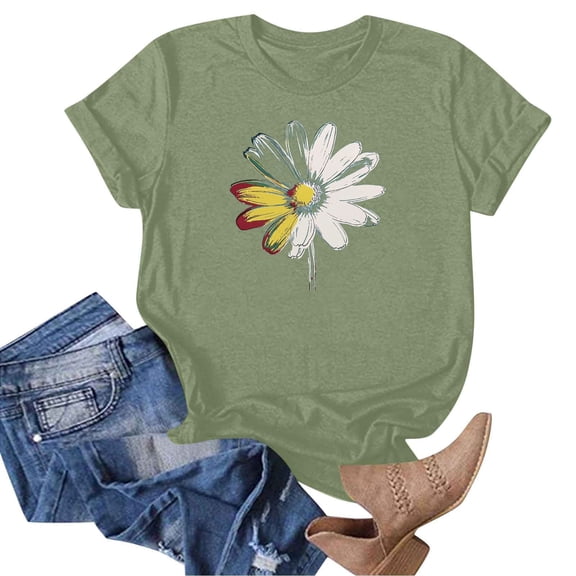Women's Daisy Floral Tops Crewneck Short Sleeve Casual Summer T Shirts Flower Print Loose Fit Tees (S, Army Green 2)
