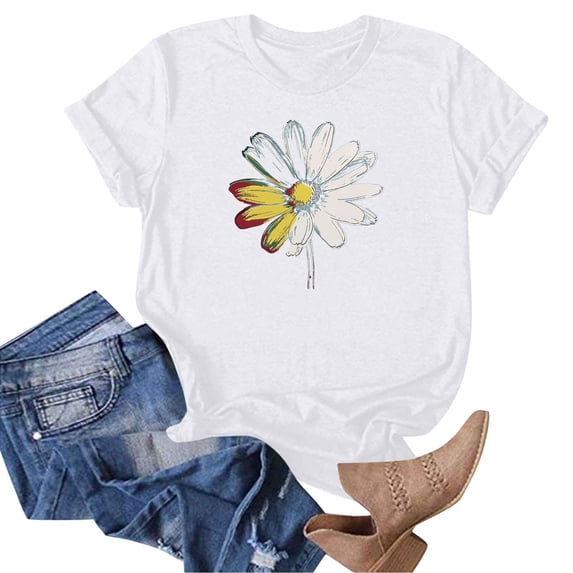Women's Daisy Floral Tops Crewneck Short Sleeve Casual Summer T Shirts Flower Print Loose Fit Tees (S, White 2)