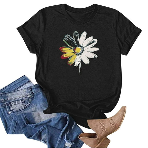 Women's Daisy Floral Tops Crewneck Short Sleeve Casual Summer T Shirts Flower Print Loose Fit Tees (XL, Black 2)