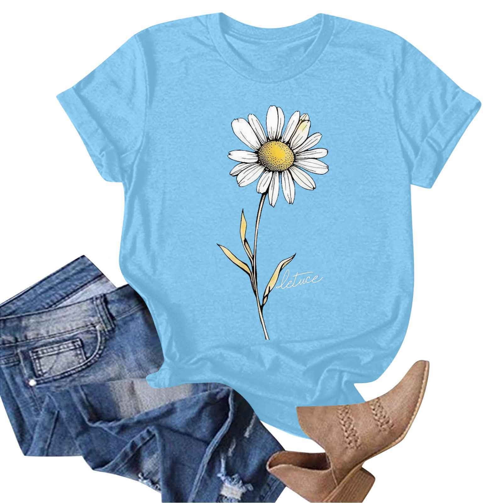 Women's Daisy Floral Tops Crewneck Short Sleeve Casual Summer
