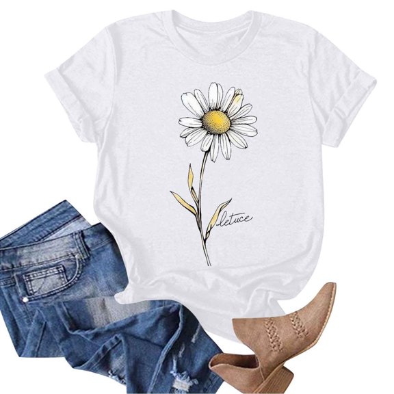 Women's Daisy Floral Tops Crewneck Short Sleeve Casual Summer T Shirts Flower Print Loose Fit Tees (XL, White 1)